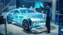 Große 3D-Ansicht eines Autos, Techniker steht am Plasmabildschirm davor